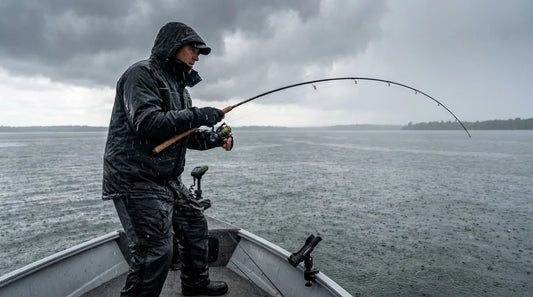 angler in full rain gear standing at the bow of a boat on a grey overcast lake, rod bent, rain falling visibly on the water around him