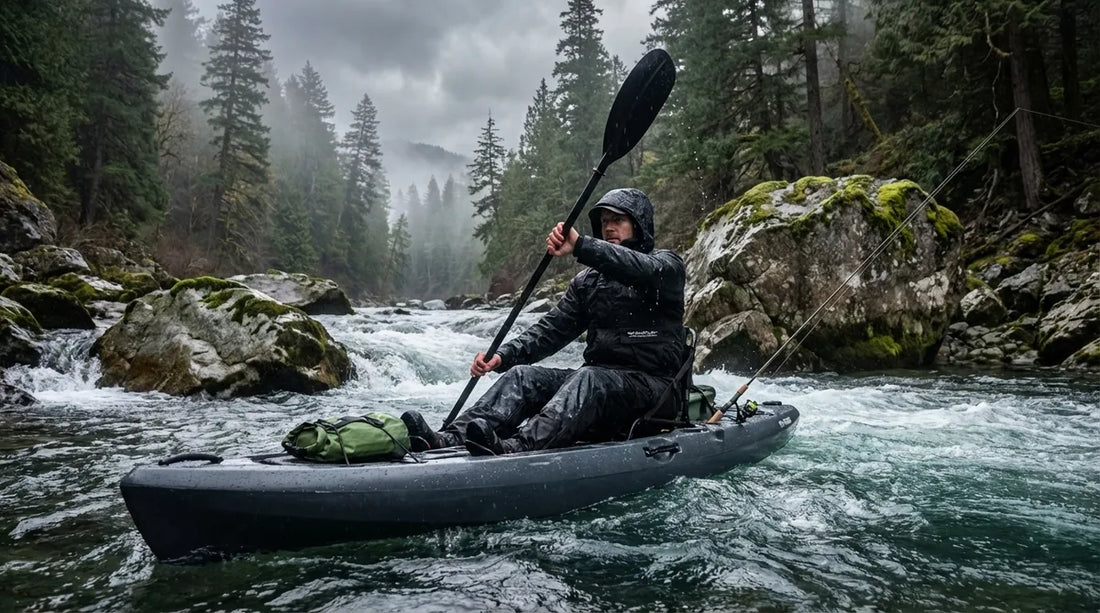 Angler in a rain jacket paddling a kayak through a rocky river run