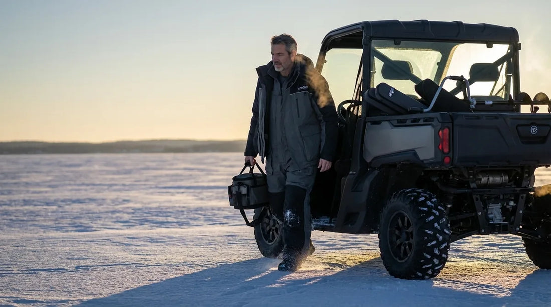 angler stepping out of a side-by-side UTV on a frozen lake at dawn, ice auger and fishing rods in the back, wide open ice expanse, low winter sun