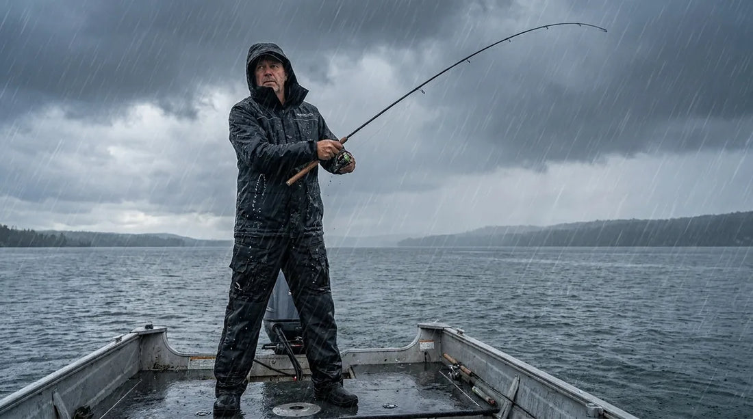 angler on a boat in heavy rain casting a line, water streaming off a dark rain jacket and bibs, low moody light, overcast sky
