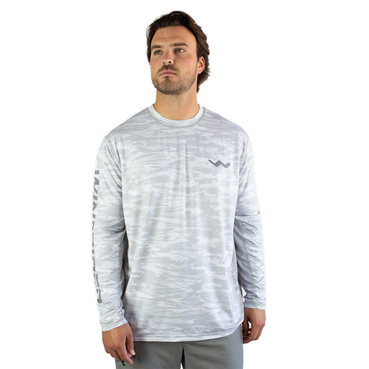 Man in white snowy tundra sol invictus pro shirt front studio view against white background