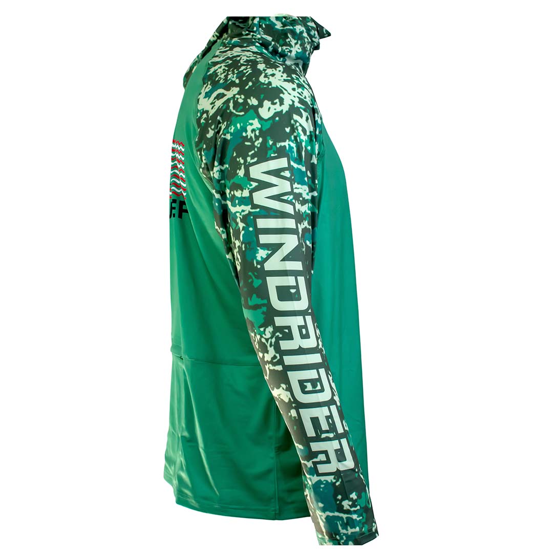 Side angle of green camo hooded shirt displaying forest pattern sleeves
