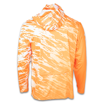 Back view of tangerine tiger orange hooded fishing shirt with pattern