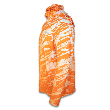 Side angle of orange tiger pattern hooded fishing shirt