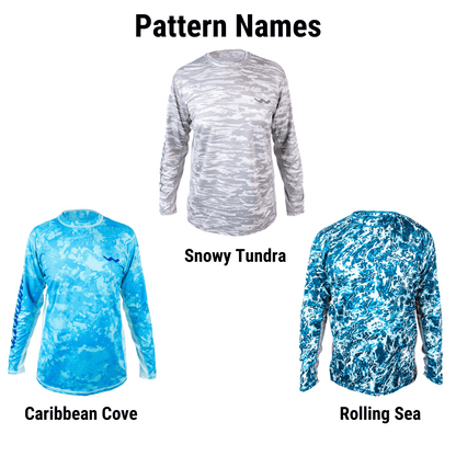 Product comparison chart showing snowy tundra roiling sea caribbean cove pattern names