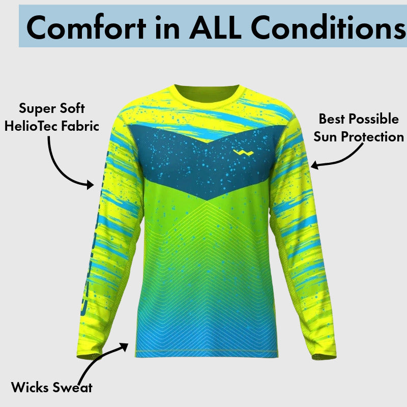 Bright neon yellow and teal mahi madness pattern fishing shirt with features