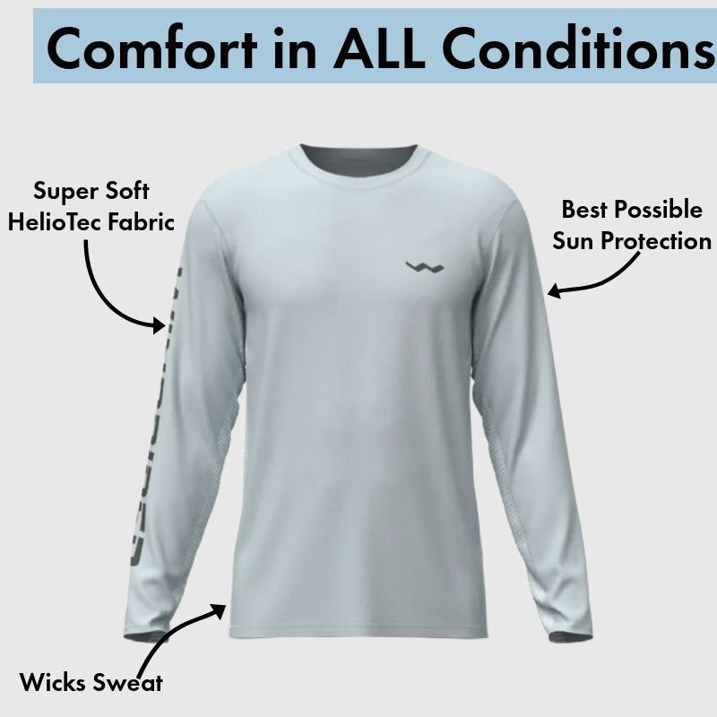 Pale grey performance fishing shirt on white background with callouts