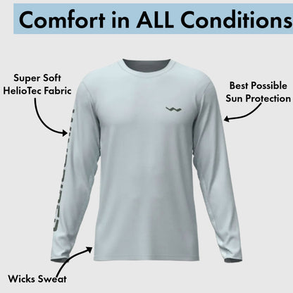 Pale grey performance fishing shirt on white background with callouts