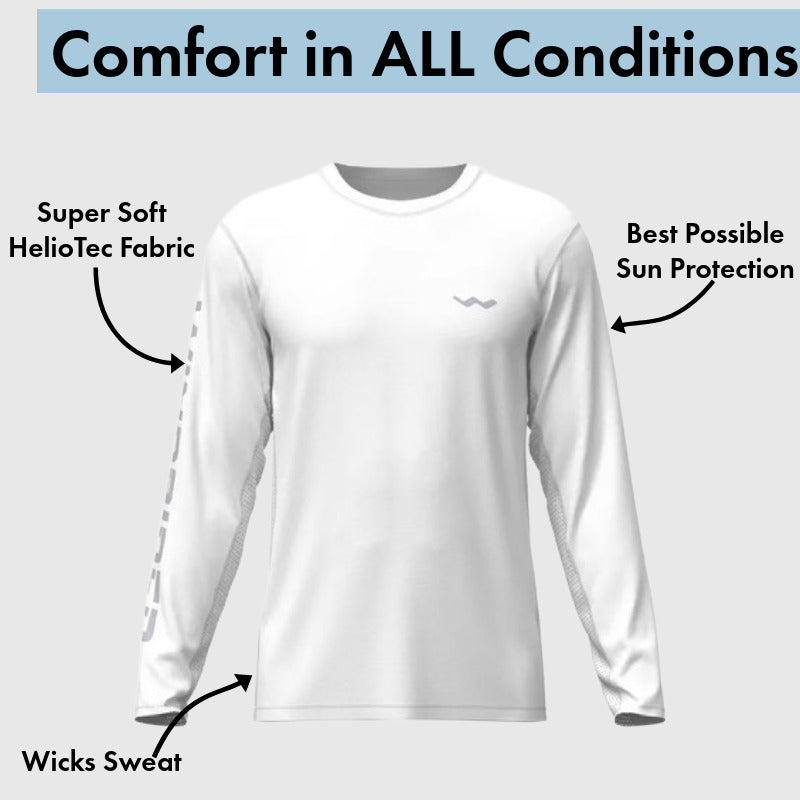 Crisp white long sleeve shirt on light grey background with text highlights