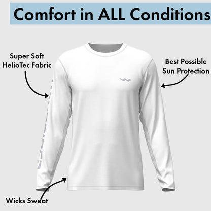 Crisp white long sleeve shirt on light grey background with text highlights