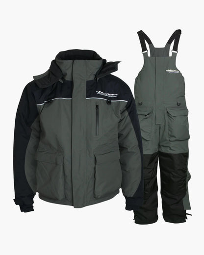 Grey and navy blue waterproof ice fishing jacket and bibs set on white background