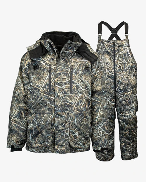 Charcoal grey waterproof ice fishing jacket and bibs set on white background