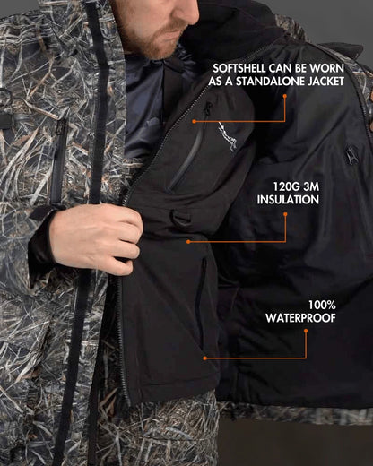 Detail of charcoal grey ice gear gear showing waterproof construction and features