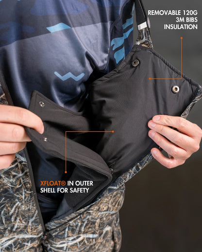 Detail of charcoal grey ice gear gear showing waterproof construction and features