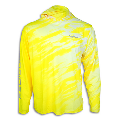 Front view of neon yellow electric wave hooded fishing shirt