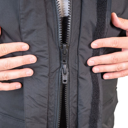 Detail of waterproof rain gear gear showing waterproof construction and features