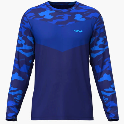 A long sleeve fishing shirt with blue camouflage pattern and a logo on the chest.