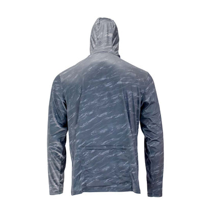 Back view of black camouflage hooded shirt showing full back pattern