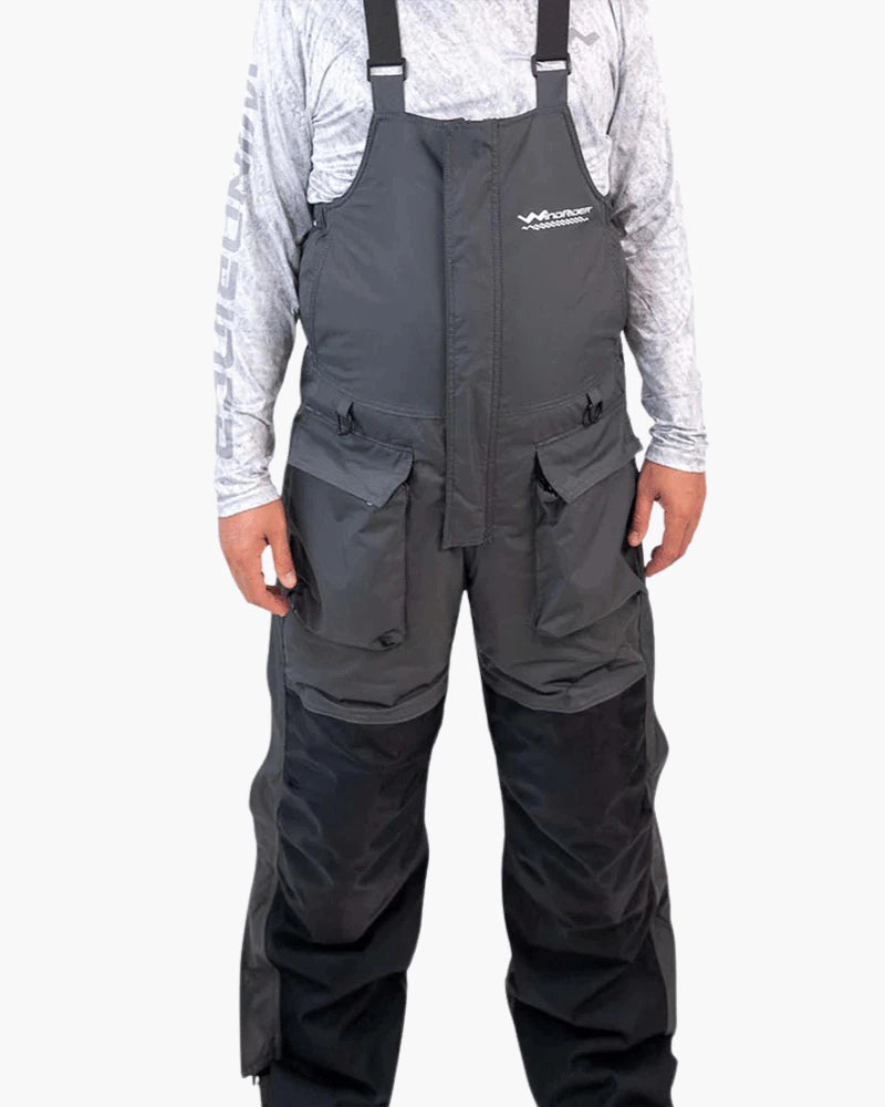 Detail of grey and navy blue ice gear gear showing waterproof construction and features