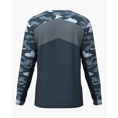 Back view of grey camouflage shirt showing full camo sleeve coverage
