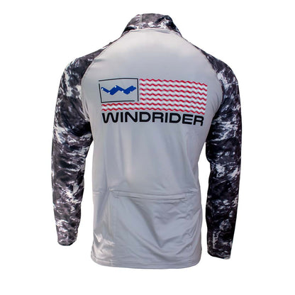 Back view of grey camo hooded fishing shirt showing complete coverage