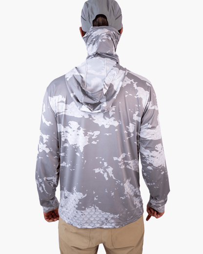 Back view of grey camouflage hooded shirt with full back design
