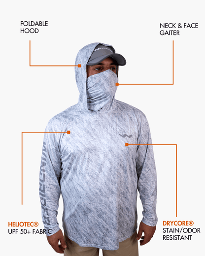 Front angle of light grey camo hooded shirt showing chest branding