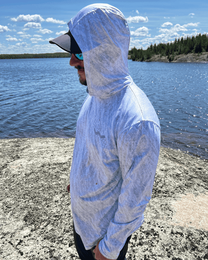 Detail of grey zipcam hooded shirt showing functional features