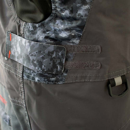 Front view of charcoal grey waterproof ice gear bibs with adjustable suspenders