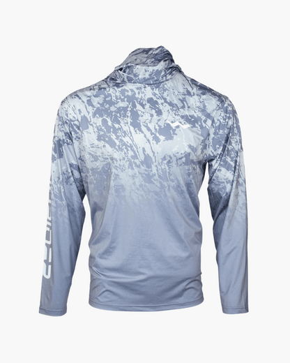 Front angle of morning mist hooded shirt showing subtle pattern