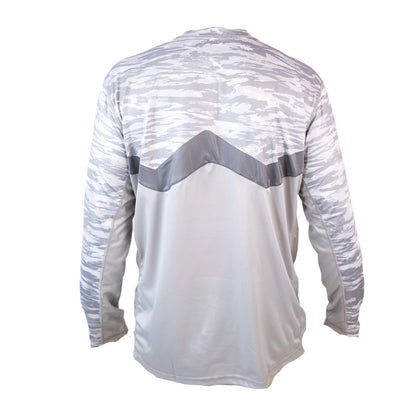 Back view snowy tundra white pattern sol invictus pro shirt showing mesh panels colorblock
