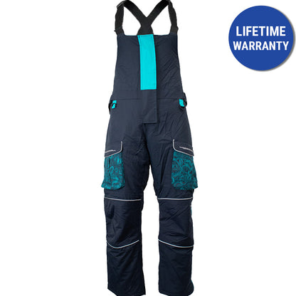 Insulated waterproof ice gear bibs showing functional design features