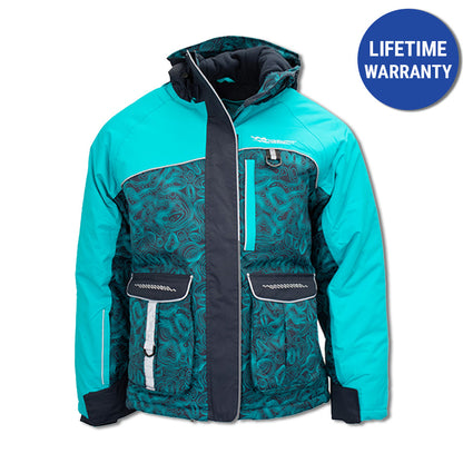 Insulated ice gear jacket detail showing durable construction