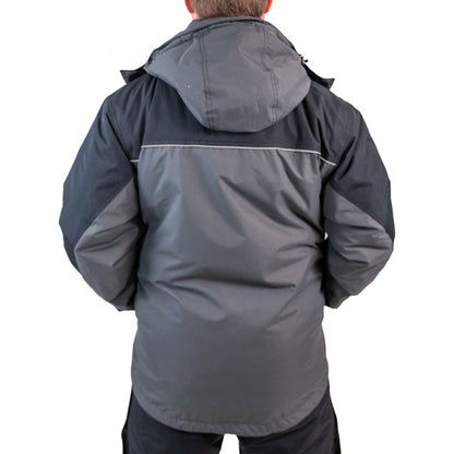 Three-quarter view of grey and navy blue ice gear jacket with hood and storm flaps
