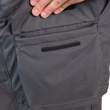 Grey and navy blue ice gear jacket detail showing durable construction