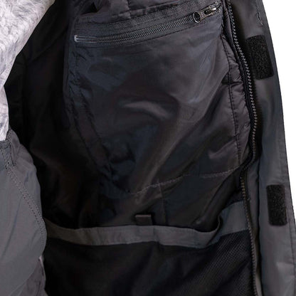 Grey and navy blue ice gear jacket detail showing durable construction