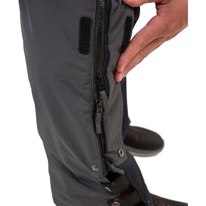 Grey and navy blue waterproof ice gear bibs showing functional design features