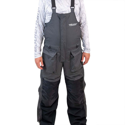 Grey and navy blue waterproof ice gear bibs showing functional design features