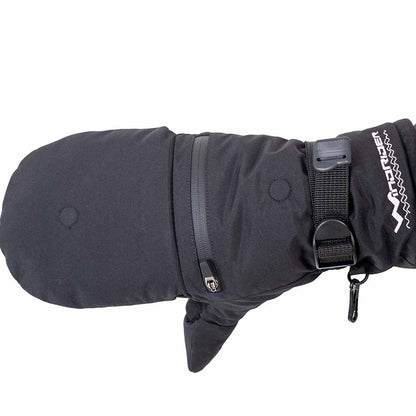 Detail of charcoal grey ice gear gear showing waterproof construction and features