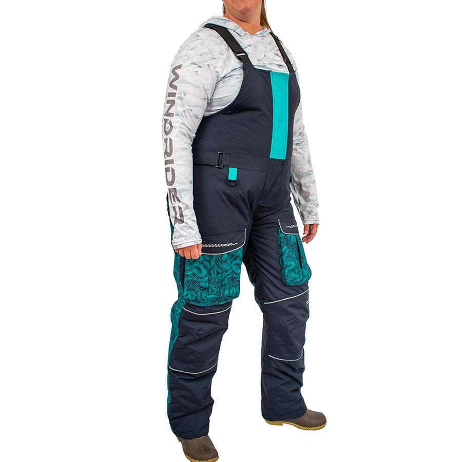 Three-quarter view of insulated ice gear jacket with hood and storm flaps