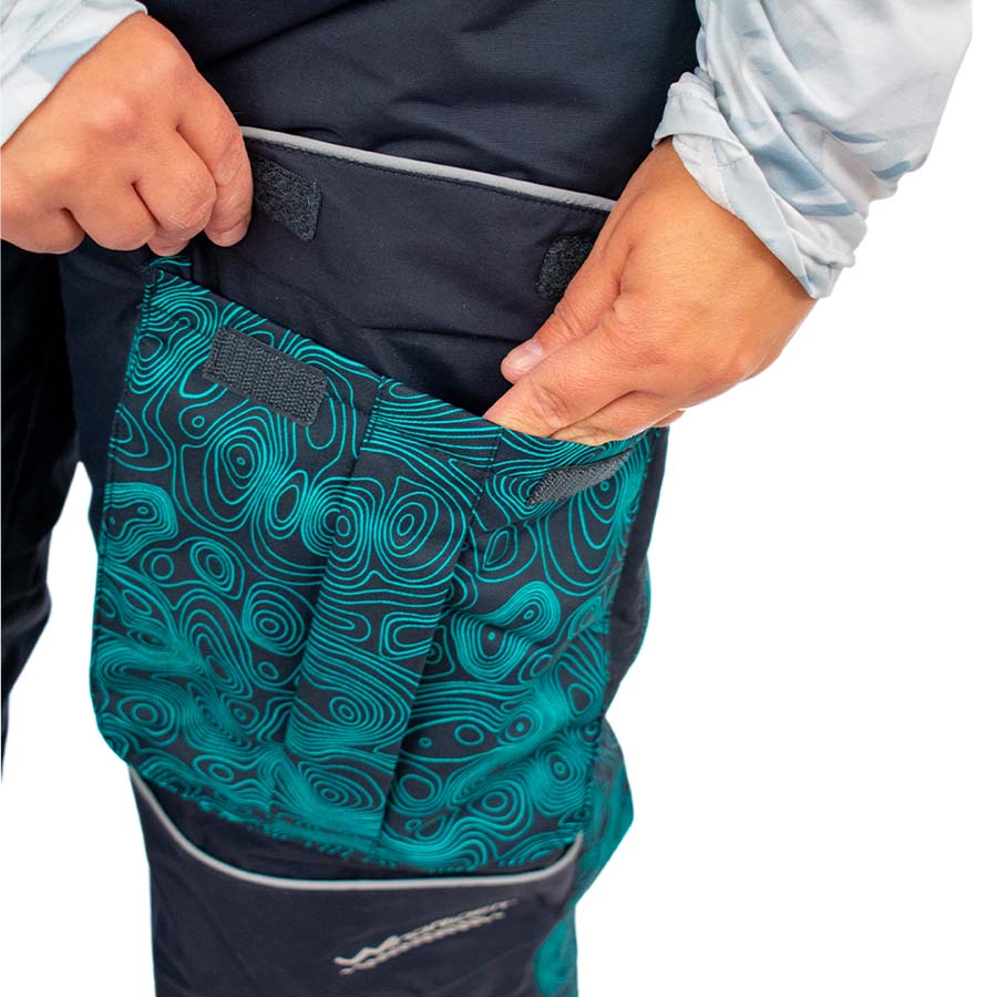 Insulated waterproof ice gear bibs showing functional design features