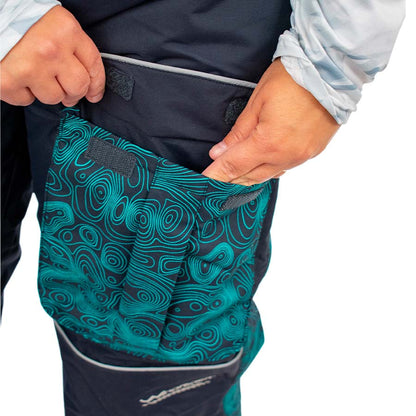 Insulated waterproof ice gear bibs showing functional design features