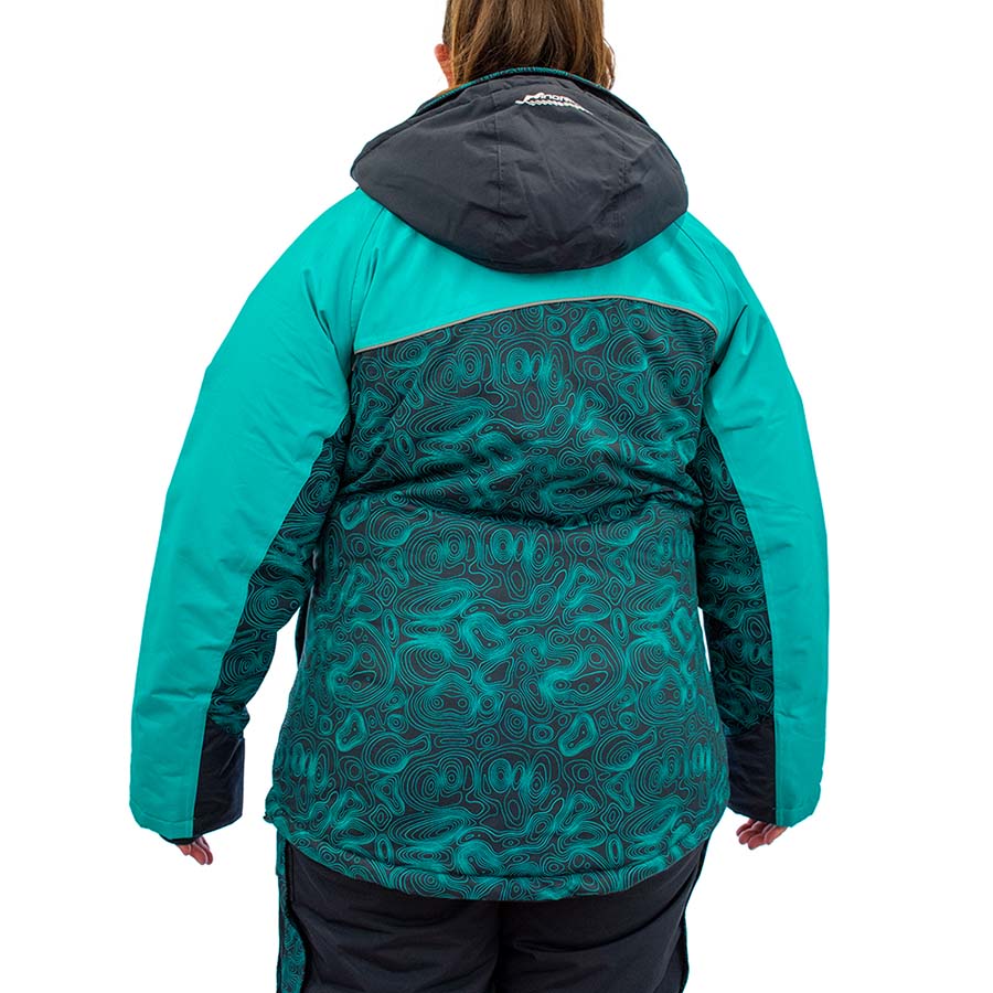 Insulated ice gear jacket detail showing durable construction