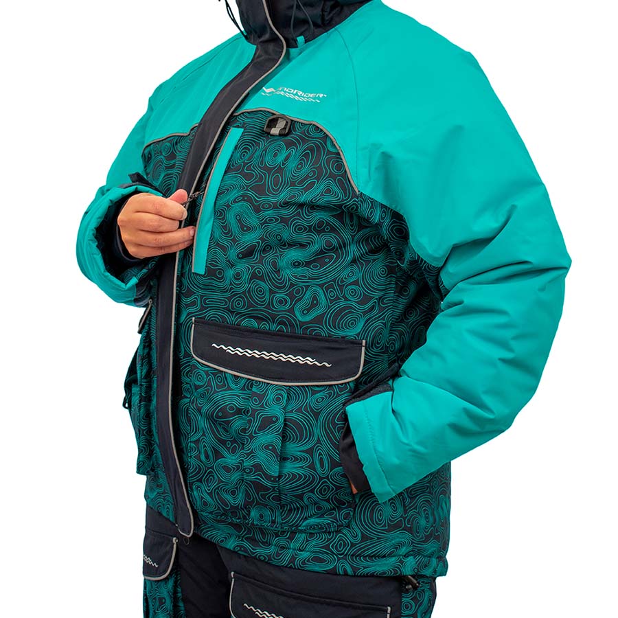 Insulated ice gear jacket detail showing durable construction
