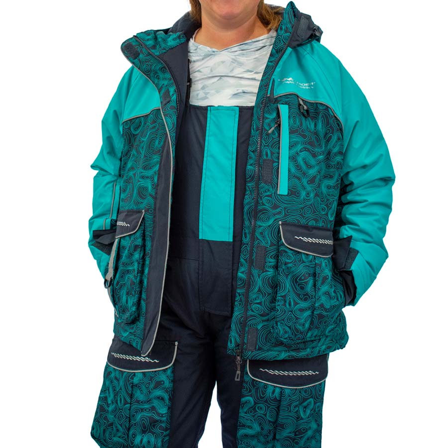 Three-quarter view of insulated ice gear jacket with hood and storm flaps