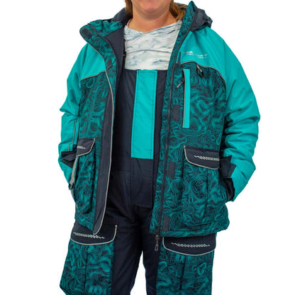 Three-quarter view of insulated ice gear jacket with hood and storm flaps