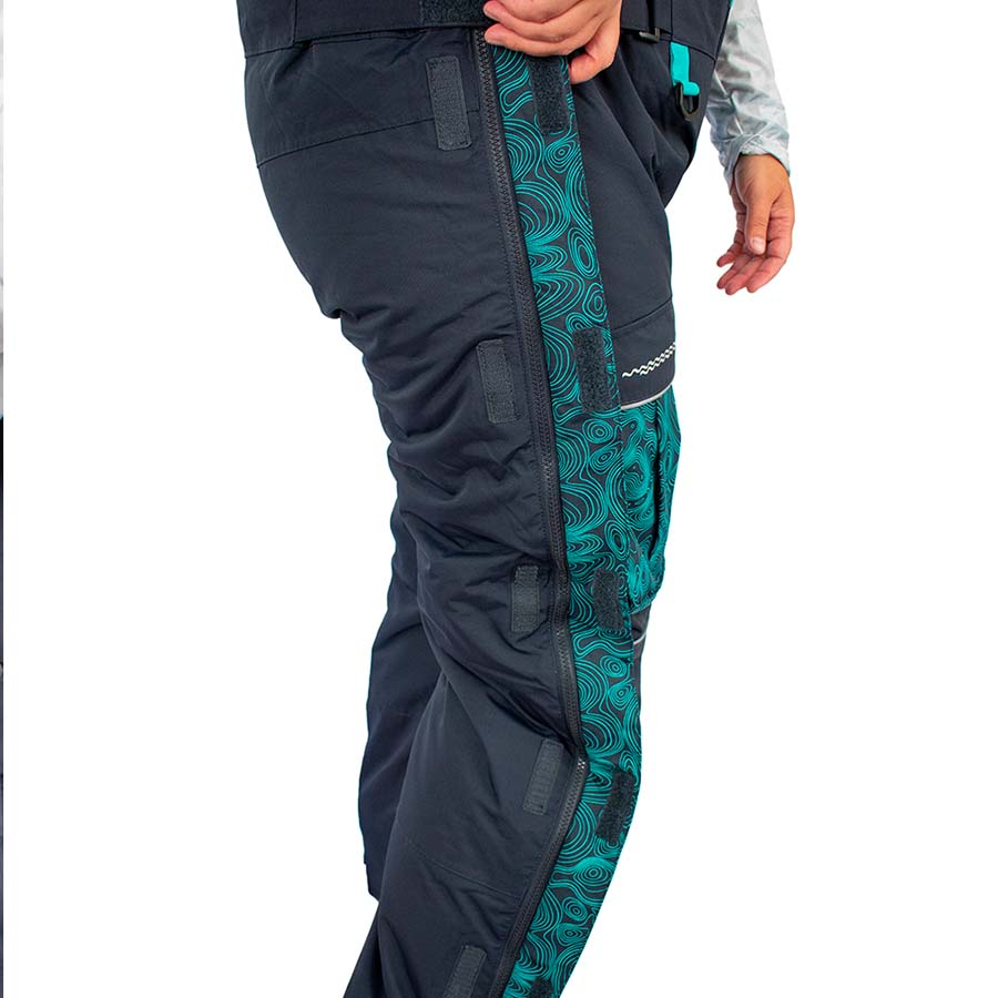 Insulated waterproof ice gear bibs showing functional design features