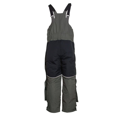 Grey and navy blue waterproof ice gear bibs showing functional design features
