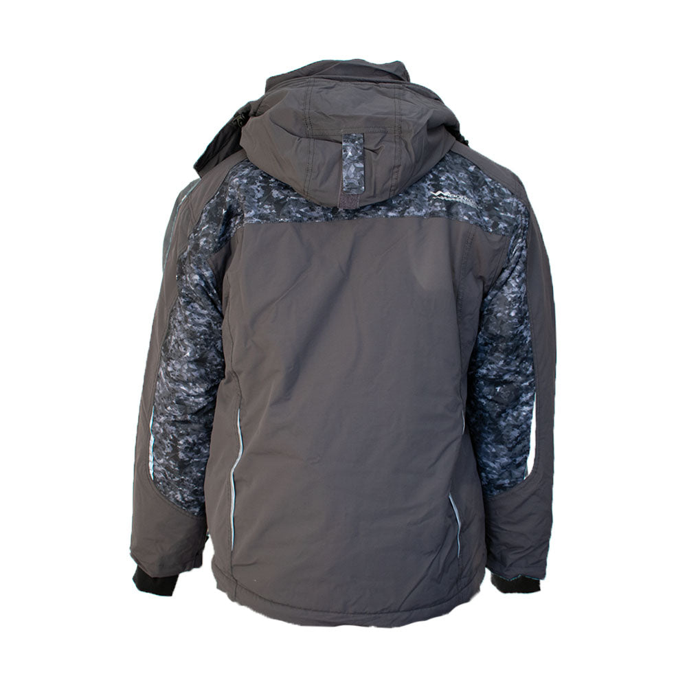 Detail view of grey and blue digital camo ice gear jacket showing insulation and pocket features
