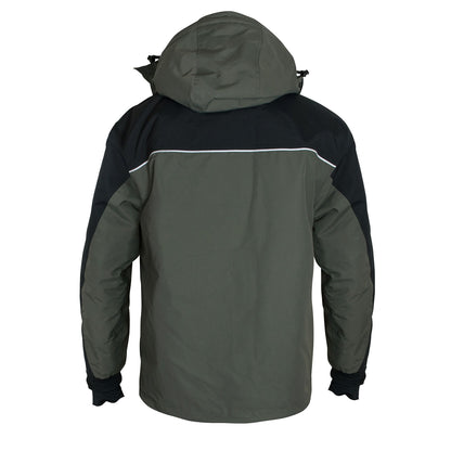 Grey and navy blue ice gear jacket detail showing durable construction